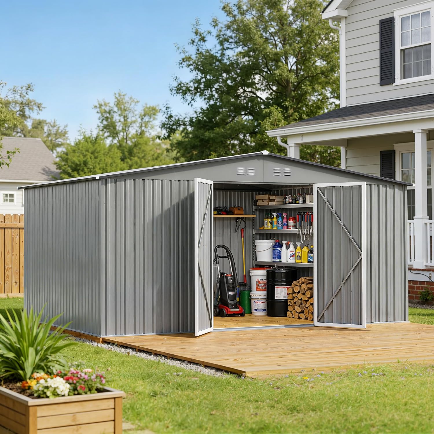 12 x 10FT Grey Outdoor Storage Shed, Metal Waterproof Shed Garden Tool Shed with Door and Lock Outdoor Storage,All-Weather Shelter for Bike, Gardening Tools, Lawn Mowers