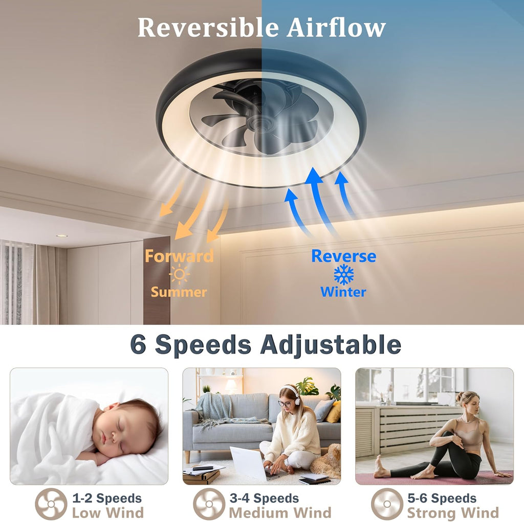 Low Profile Ceiling Fans with Lights, Dimmable Smart RGB Ceiling Fan With Alexa/Google Assistant/App/Remote Control, 6-Speeds Reversible Black LED Ceiling Fan for Bedroom Kitchen Foyer