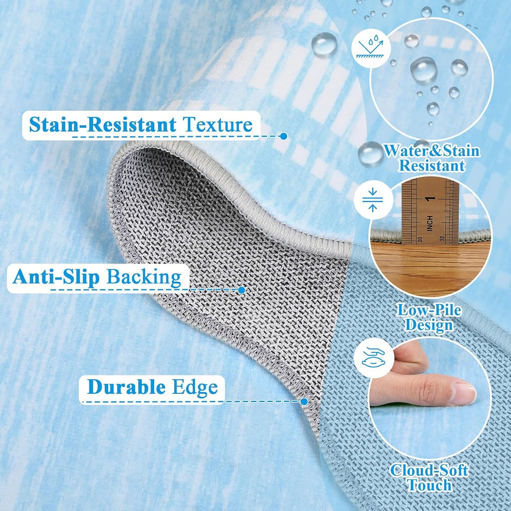 Garvee Washable Rugs 10x13 Area Rugs for Living Room Bedroom, Low Pile Ultra Soft Solid Neutral Carpet, Non Slip & Non Shedding Modern Scalloped Print Floor Mats for Home Decor, Light Blue