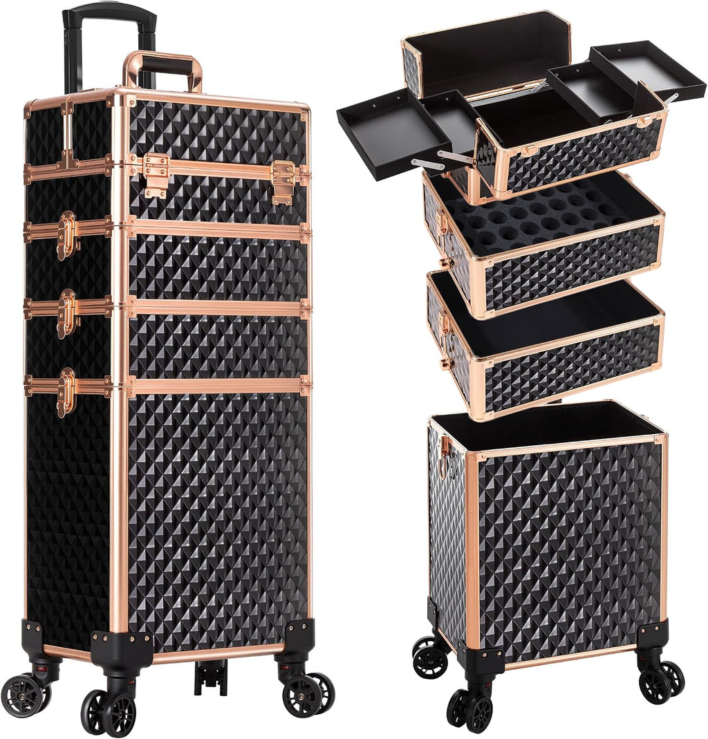 AROUS Rolling Makeup Train Case 4 in 1 Cosmetology Case on Wheels Large Storage Cosmetic Trolley with Key Salon Barber Case Traveling Cart Trunk,Gold&Black