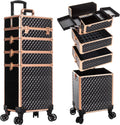 AROUS Rolling Makeup Train Case 4 in 1 Cosmetology Case on Wheels Large Storage Cosmetic Trolley with Key Salon Barber Case Traveling Cart Trunk,Gold&Black