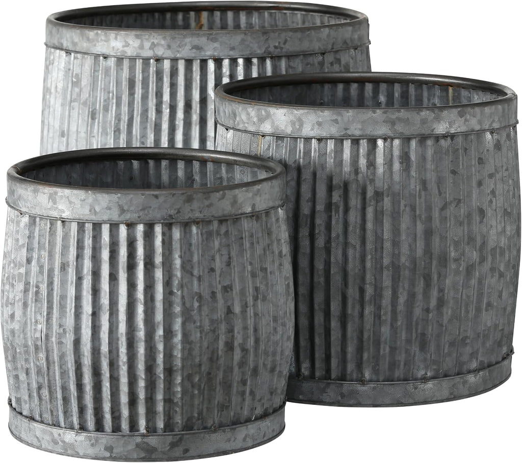 WHW Whole House Worlds French Country Style Belly Bucket Planters, Set of 3, Galvanized Metal, Corrugated Cache Pots, Rustic Wash Basin, from Over 1 Ft Diameter (17-12 Inches)