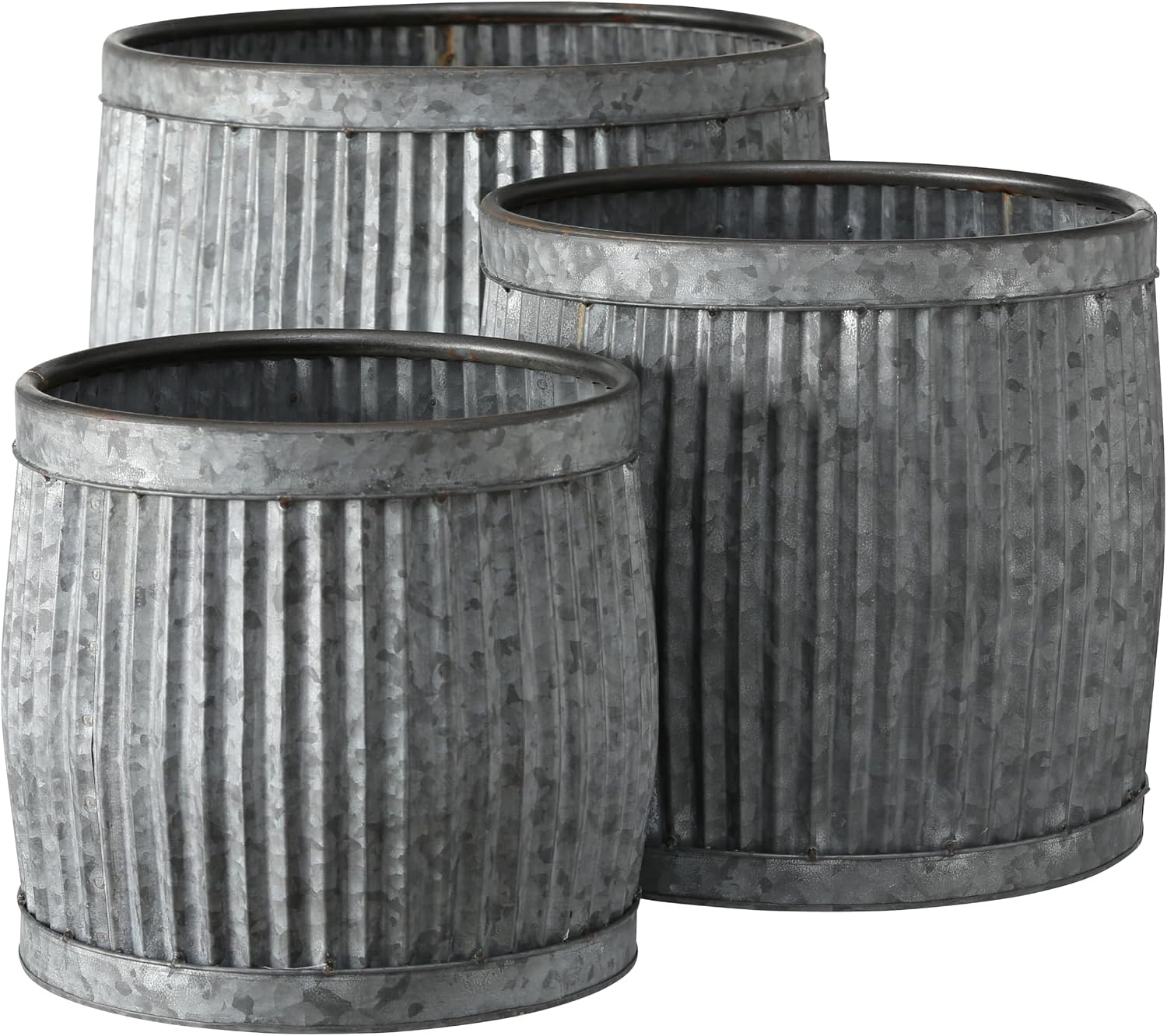 WHW Whole House Worlds French Country Style Belly Bucket Planters, Set of 3, Galvanized Metal, Corrugated Cache Pots, Rustic Wash Basin, from Over 1 Ft Diameter (17-12 Inches)