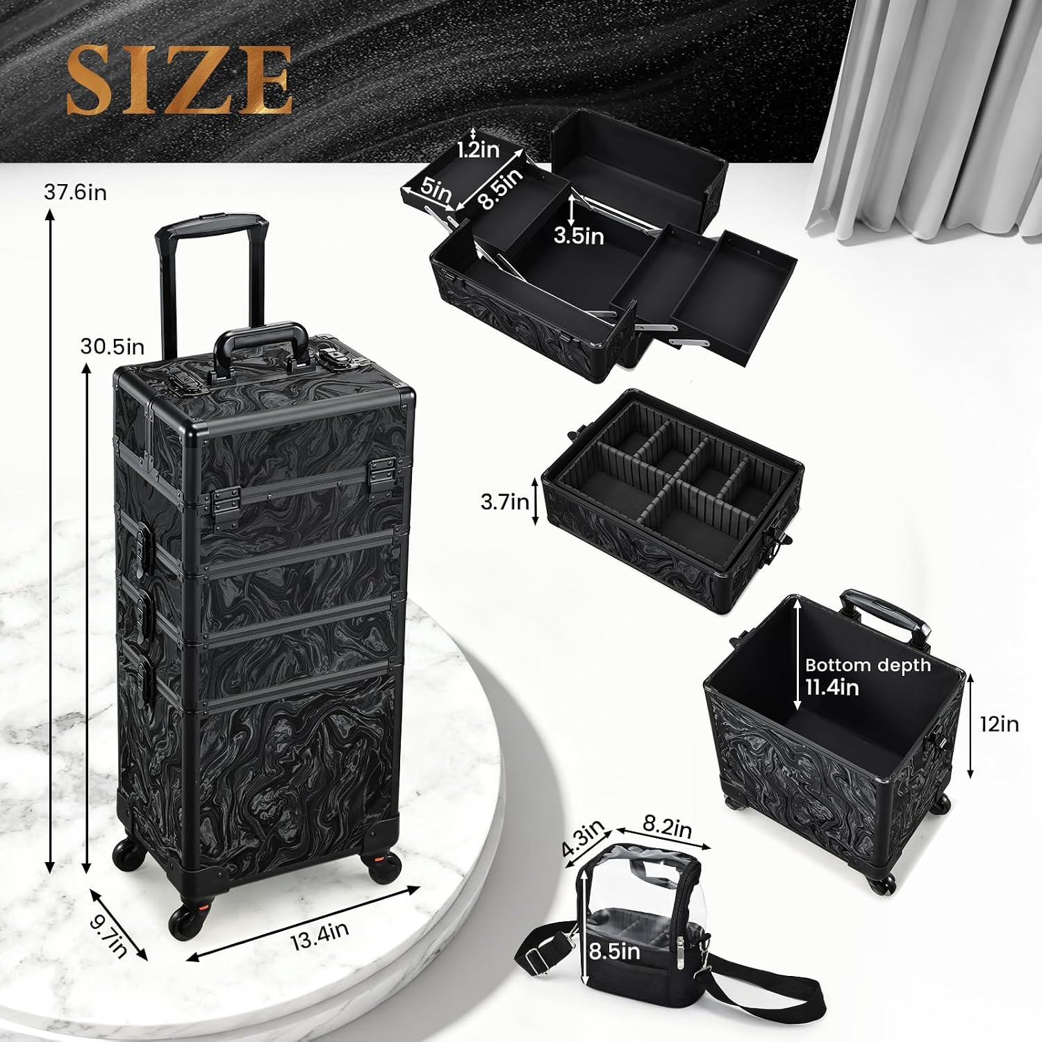 Stagiant Rolling Makeup Case 4 in 1 Cosmetology Case on Wheels Makeup Travel Case with Cosmetic Bag Key Swivel Wheels Salon Barber Case Traveling Cart Trunk Cosmetic Trolley Alpine Black