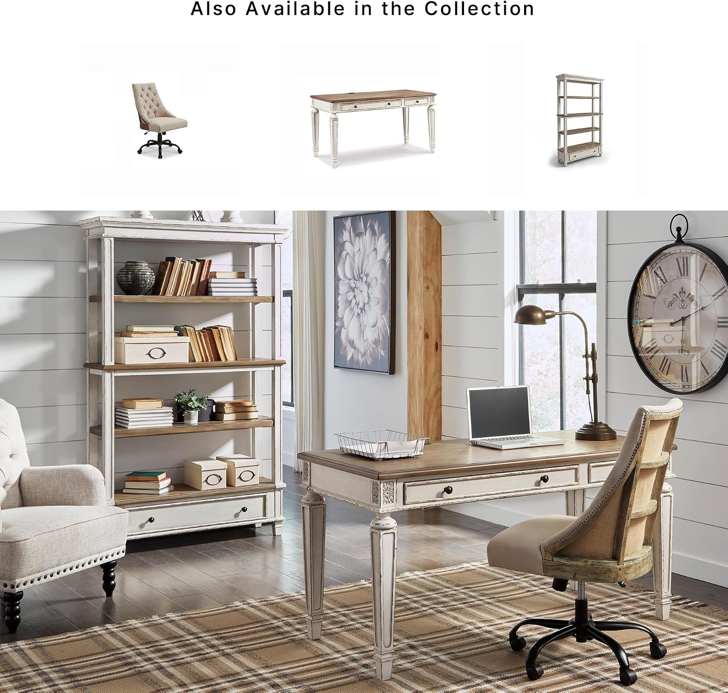 Signature Design by Ashley Realyn Farmhouse Home Office Desk, 2 Drawers, Drop-down Drawer, USB Charging, Wood, 60' W x 28' D x 31' H, Chipped White and Brown