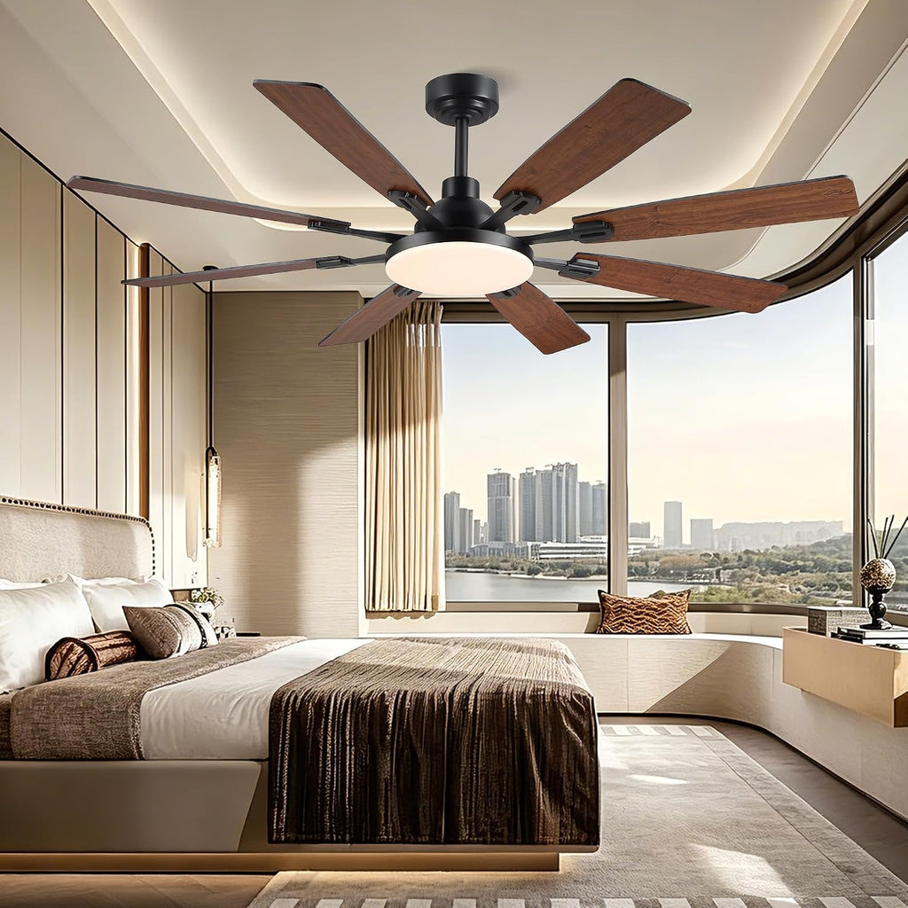 JSAITEE 60In Ceiling Fans with Lights - Brown Low Profile Fan Light with 8 Blades, 6 Wind Speeds Reversible, Dimmable, Modern Light Fixture for Indoor Living Room, Kitchen, Coverd Patios