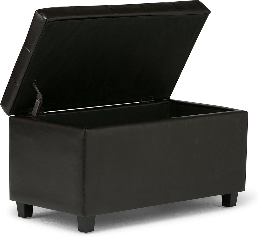 SIMPLIHOME Cosmopolitan Storage Ottoman - 34 inch Wide Upholstered Vegan Leather Rectangle Storage Ottoman Bench in Tanners Brown, Transitional Tufted Ottoman for Living Room with Lift-Up Lid