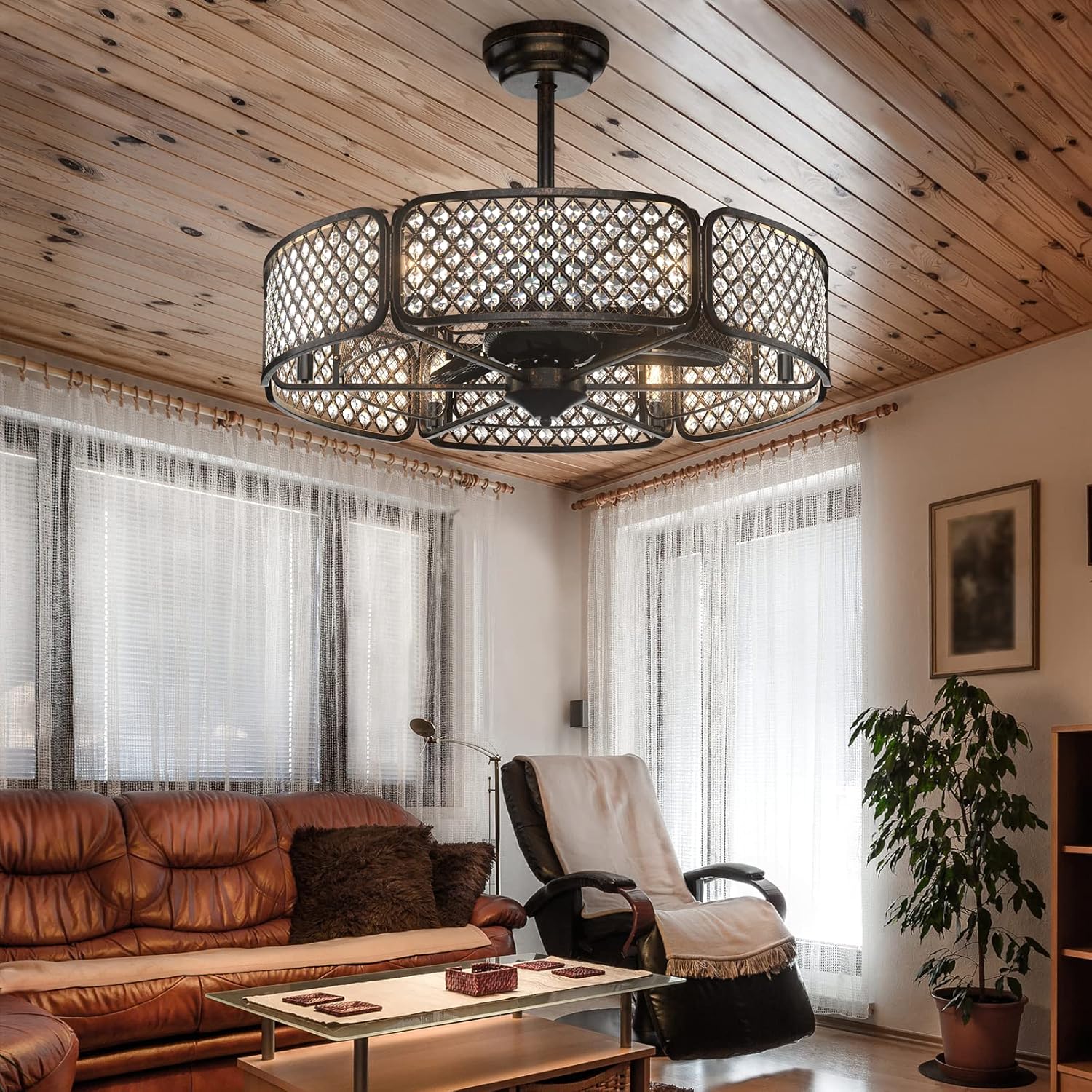Tangkula Caged Ceiling Fan with Light, 30 Inch Crystal Ceiling Fan with 6 Light Bases, 3 Fan Blades & Remote Control, 6 Speeds, Reversible DC Motor, Timing Function, 6 x E12 Base (Coffee)
