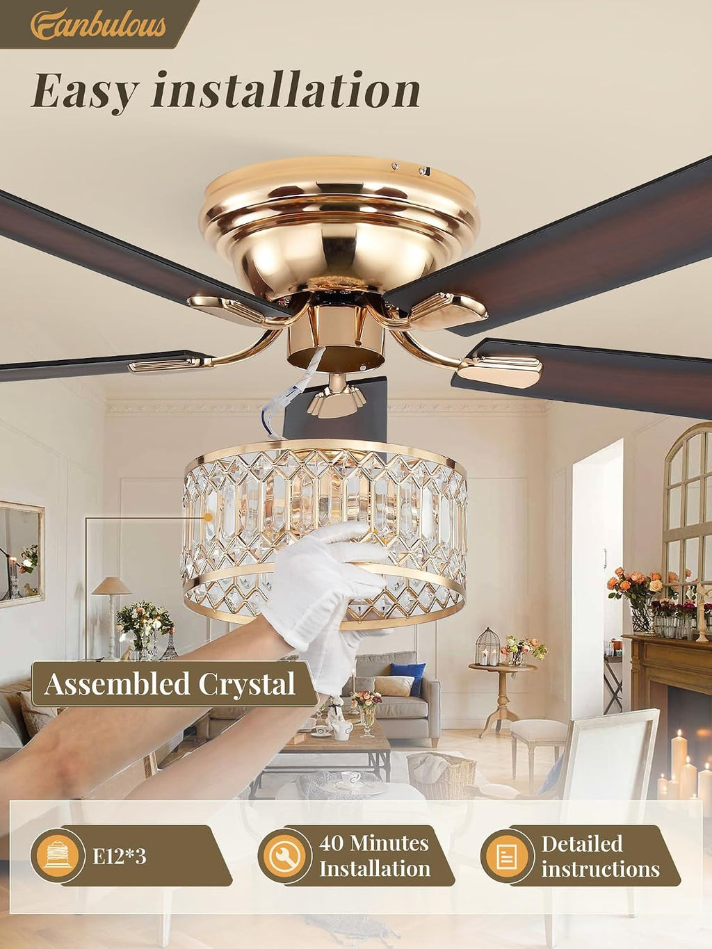 56 Inch Modern Farmhouse Fandelier Ceiling Fans with Lights, Gold Crystal Ceiling Fan with 6-Speeds, Quiet Reversible DC Motor, low profile ceiling fan with light for Bedroom, Living Room