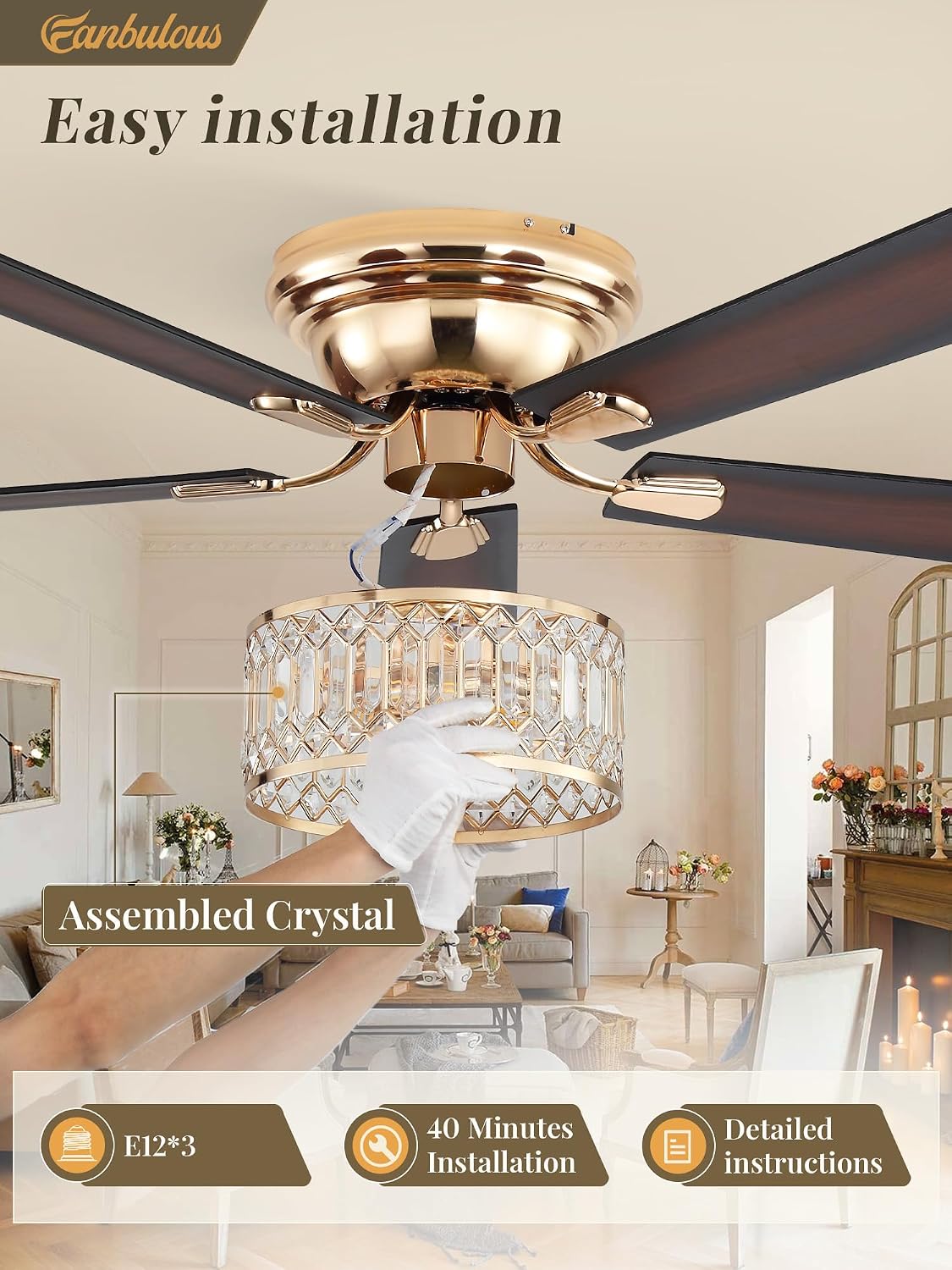 56 Inch Modern Farmhouse Fandelier Ceiling Fans with Lights, Gold Crystal Ceiling Fan with 6-Speeds, Quiet Reversible DC Motor, low profile ceiling fan with light for Bedroom, Living Room