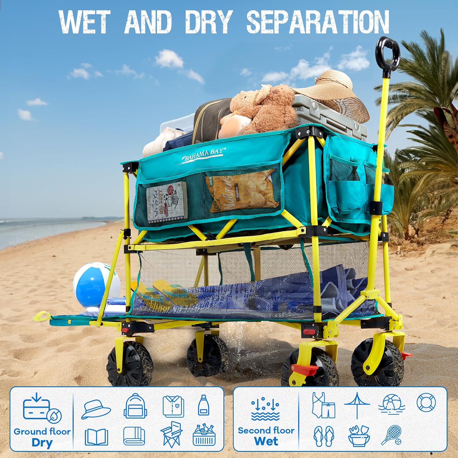 Old Bahama Bay 400L Collapsible Double Decker Beach Wagon with Brakes, Folding Beach Cart with 54' Extra Long Decker, 450LBS Heavy Duty Wagon Chart with All-Terrain Big Wheels for Sand Camping Garden