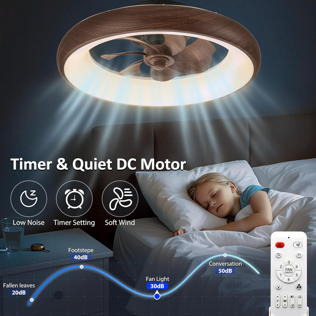 Low Profile Ceiling Fans with Lights, Dimmable Smart RGB Ceiling Fan With Alexa/Google Assistant/App/Remote Control, 6-Speeds Reversible Walnut Woodgrain LED Ceiling Fan for Bedroom Kitchen Foyer