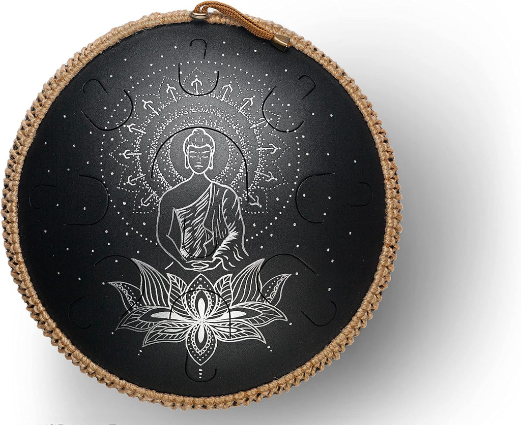 GUDA DRUM Coin Magic Lotus. Double sided drum with Rope Decoration and FREE Mallets. Premium Tongue Drum