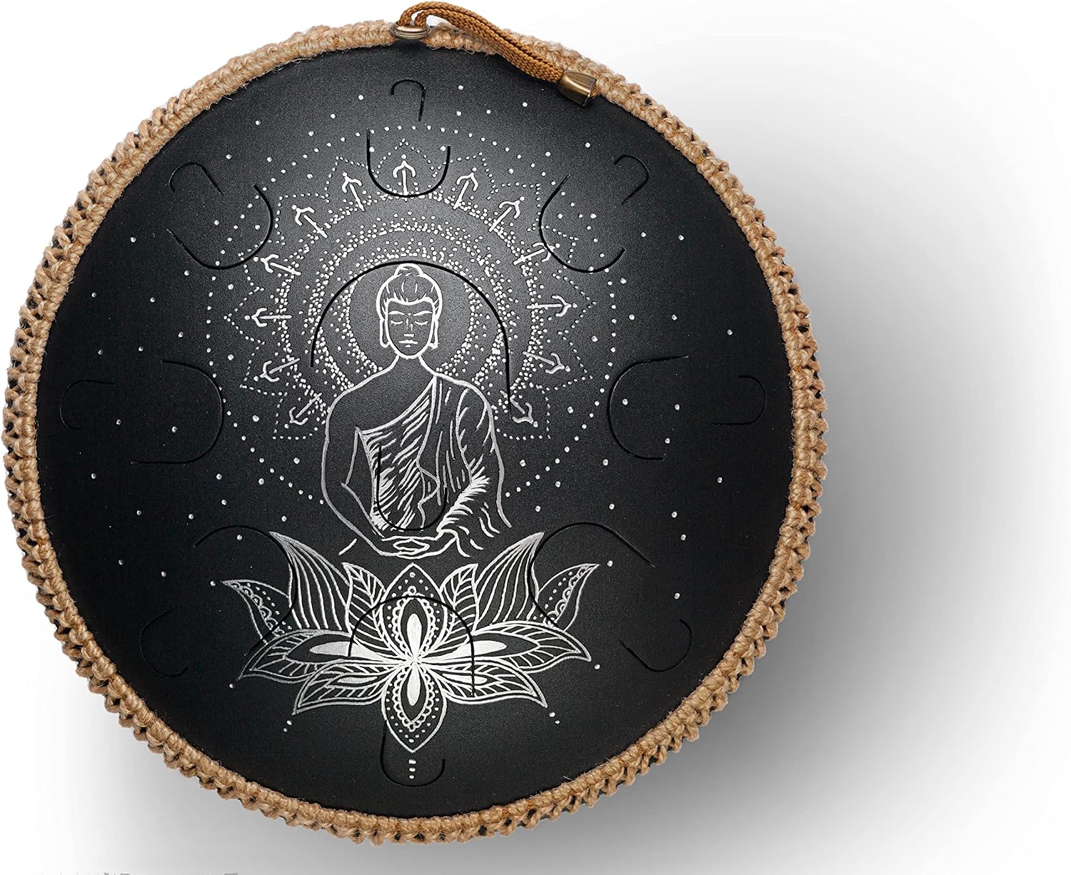 GUDA DRUM Coin Magic Lotus. Double sided drum with Rope Decoration and FREE Mallets. Premium Tongue Drum