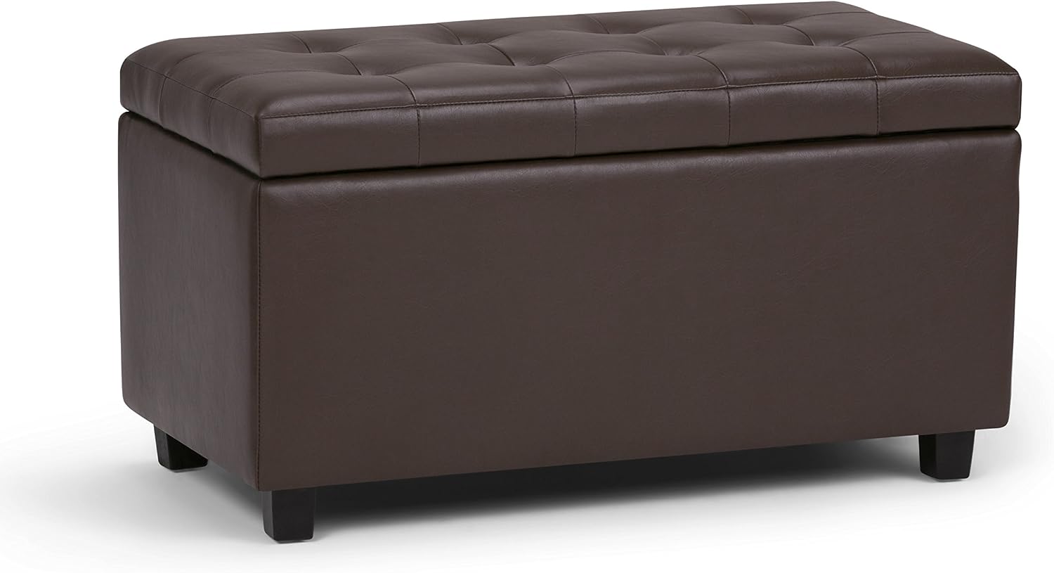 SIMPLIHOME Cosmopolitan Storage Ottoman - 34 inch Wide Upholstered Vegan Leather Rectangle Storage Ottoman Bench in Chocolate Brown, Transitional Tufted Ottoman for Living Room with Lift-Up Lid
