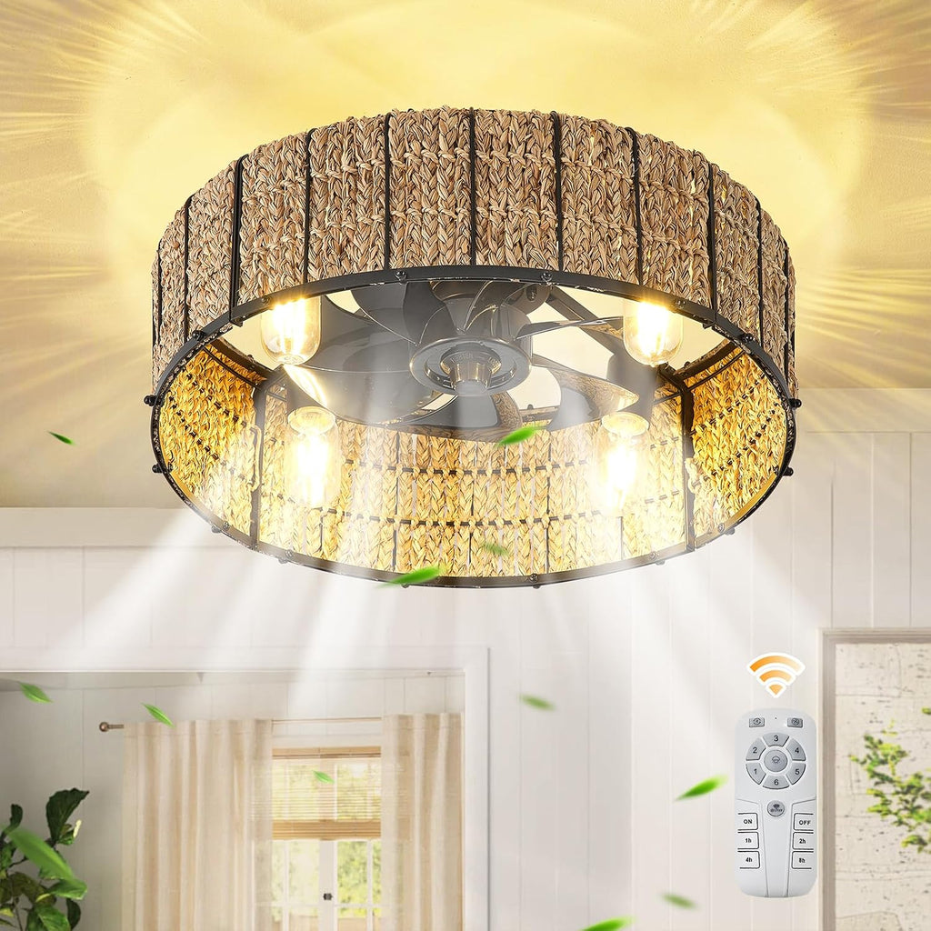 Ganeed 20' Boho Ceiling Fan with Light, Handwoven Rattan Caged Ceiling Fan with Light and Remote, Low Profile 6 Speeds Enclosed Flush Mount Fandelier for Bedroom Kids Room Nursery Living Room