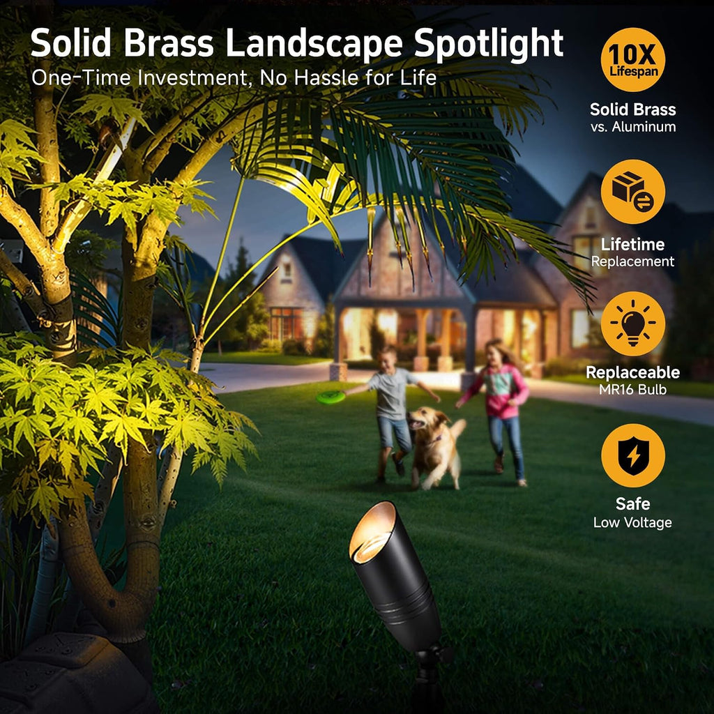 Gardenreet Brass Landscape Lighting - Black Low Voltage Spotlights Outdoor LED, 12V Wired Uplights, Waterproof Spot Lights for Outside Trees with 5W 2700K Warm White MR16 Bulb (4 Pack)