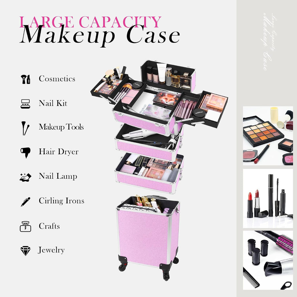Professional Rolling Makeup Case with Wheels, 5-in-1 Makeup Train Case, Cosmetic Makeup Trolley Cart Travel Cosmetology Case On Wheels with Key for Hairstylists, Nail Tech (Pink Crystal)