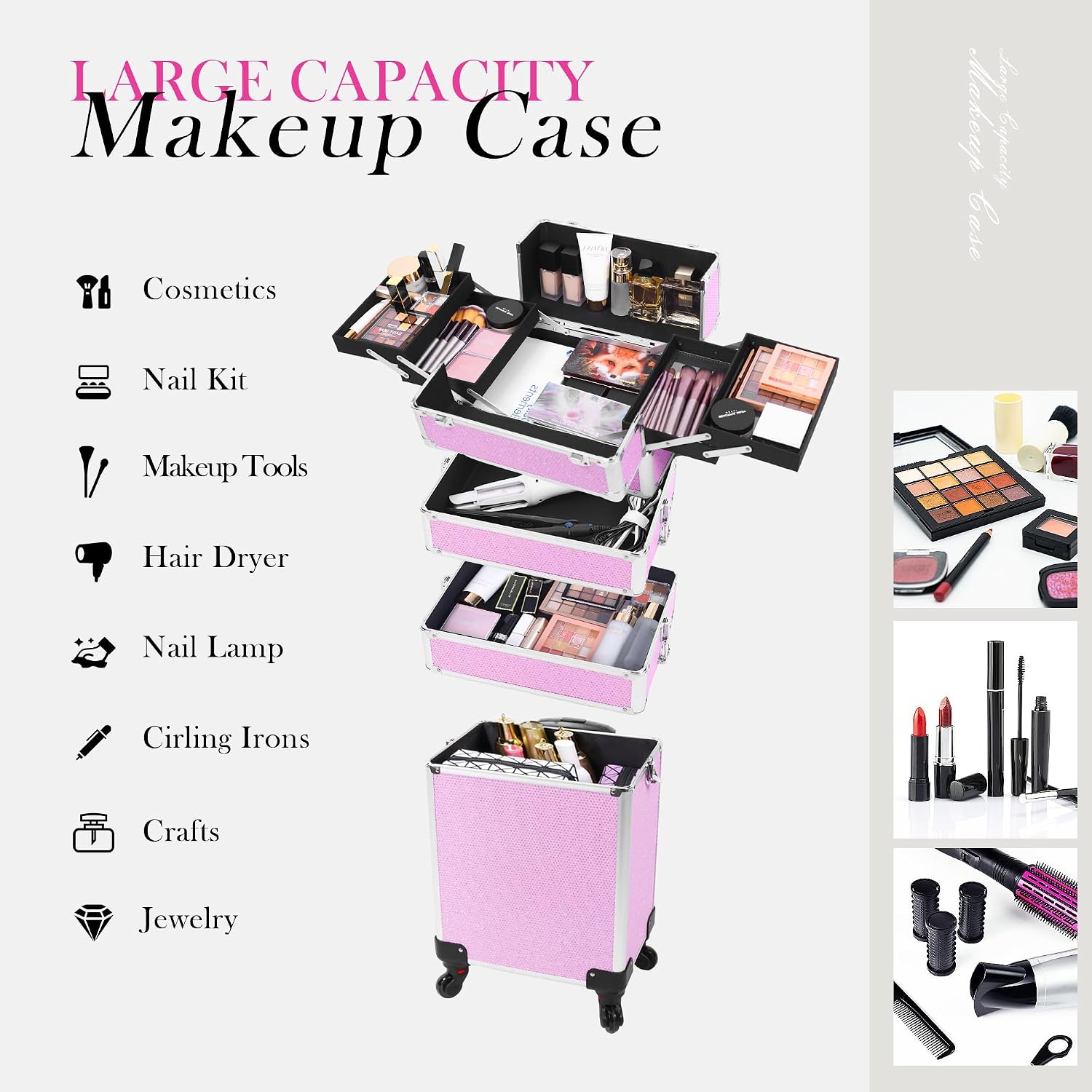 Professional Rolling Makeup Case with Wheels, 5-in-1 Makeup Train Case, Cosmetic Makeup Trolley Cart Travel Cosmetology Case On Wheels with Key for Hairstylists, Nail Tech (Pink Crystal)