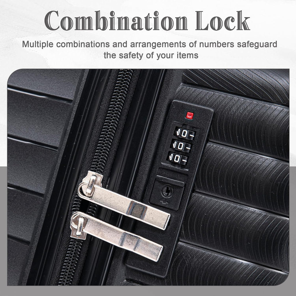 4-Piece PP Hardshell Luggage Set with 14' Cosmetic Case, 20'/24'/28' Spinner Suitcases, Carry On with Iron Telescopic Handle, Combination Lock, 360° Double Silent Wheels, Waterproof Travel Set, Black