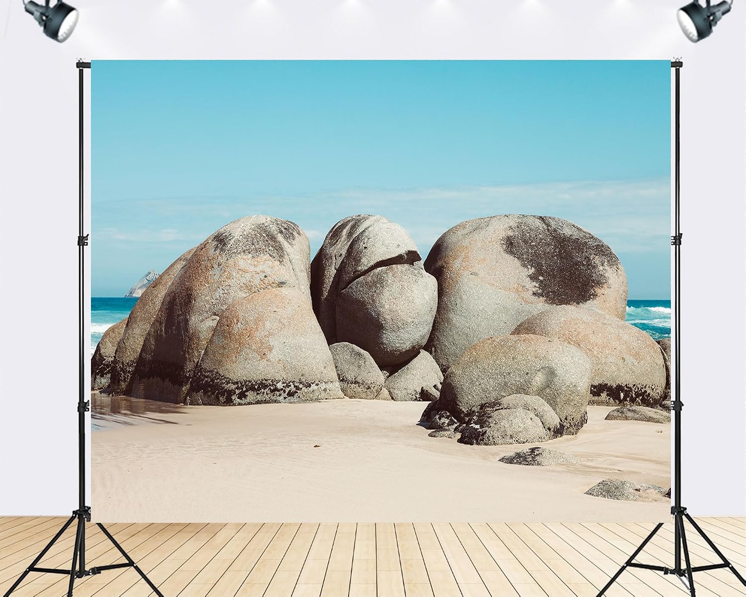 Trykid 20x10ft Coastal Boulders Backdrop with Smooth Rocks and Clear Blue Sky for Photography Background Wedding Bridal Shower Birthday Party Decoration Photo Booth Prop Fabric