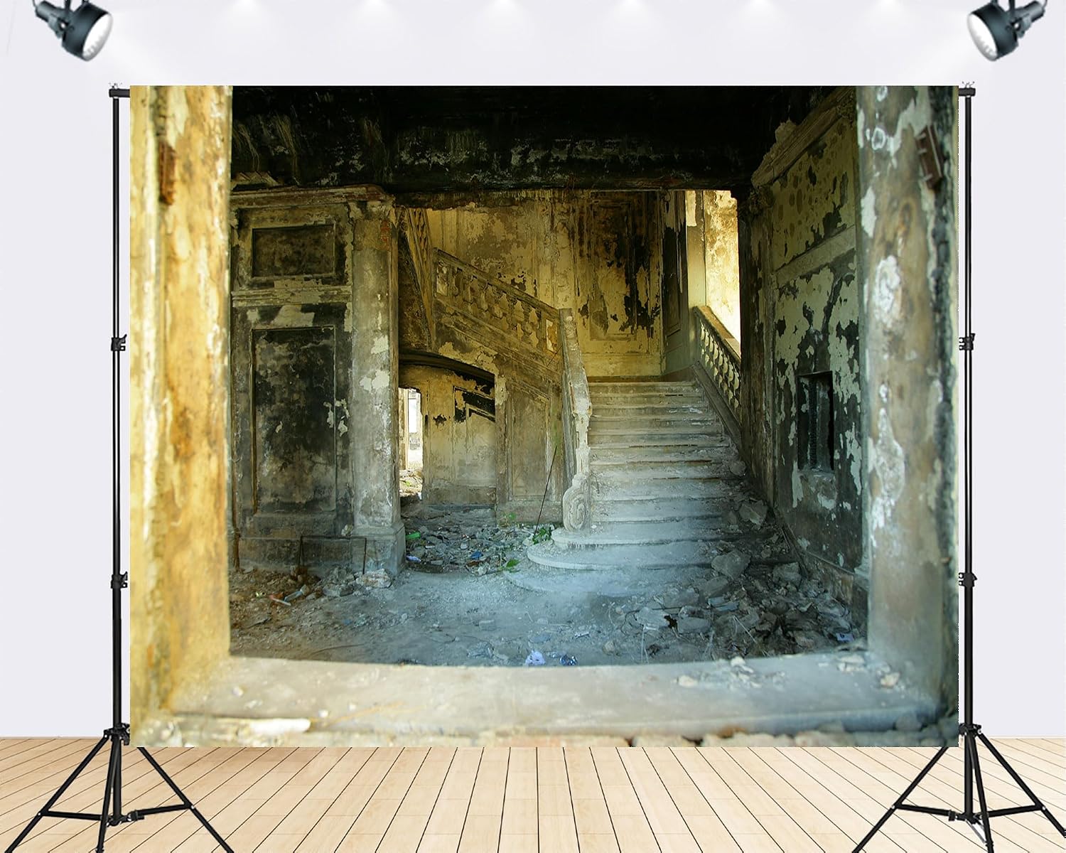 Trykid 20x10ft Ruined Mansion Stair Backdrop Decayed Wall Vintage Old Architecture Photography Background Horror Theme Historical Event Party Decoration Tapestry Photo Booth Prop Fabric