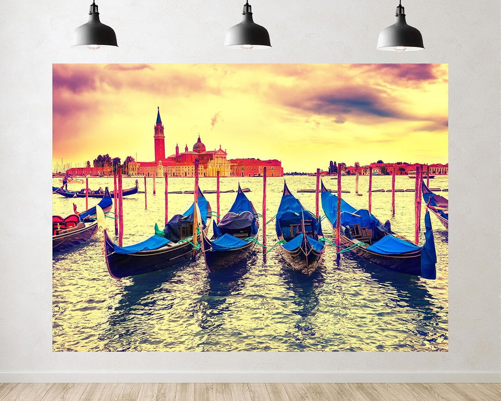 Trykid 20x10ft Venice Gondola Backdrop Golden Sunset San Giorgio Maggiore Island Grand Canal Mooring Poles Photography Background Italian Wedding Party Decoration Photo Booth Prop Fabric