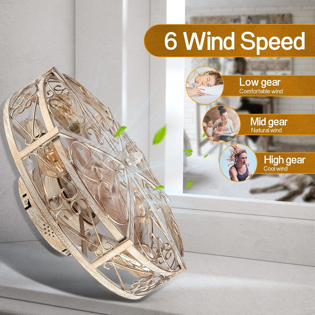 20' Caged Ceiling Fan with Light,Vintage Rustic Farmhouse Kitchen Decor,Bladeless Ceiling Fans with Lights and Remote,Low Profile Fan for Bedroom,Reversible 6 Speeds Motor,4 E26 Bulbs Included