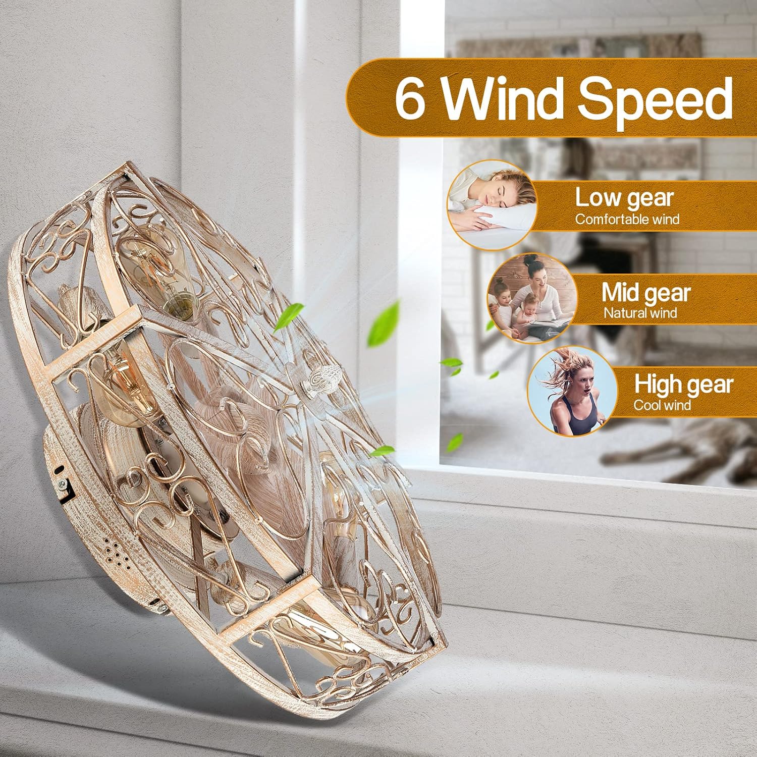 20' Caged Ceiling Fan with Light,Vintage Rustic Farmhouse Kitchen Decor,Bladeless Ceiling Fans with Lights and Remote,Low Profile Fan for Bedroom,Reversible 6 Speeds Motor,4 E26 Bulbs Included