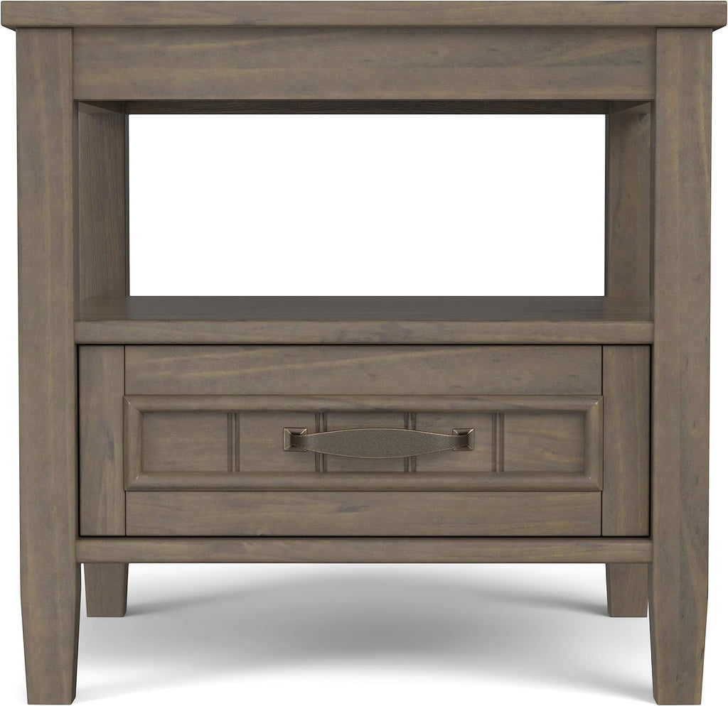 SIMPLIHOME Lev End Table - 20 inch Wide Solid Wood Accent Table with Bottom Storage Drawer and Open Shelf in Smoky Brown, Transitional Nightstand or Lamp Stand for Living Room or Bedroom