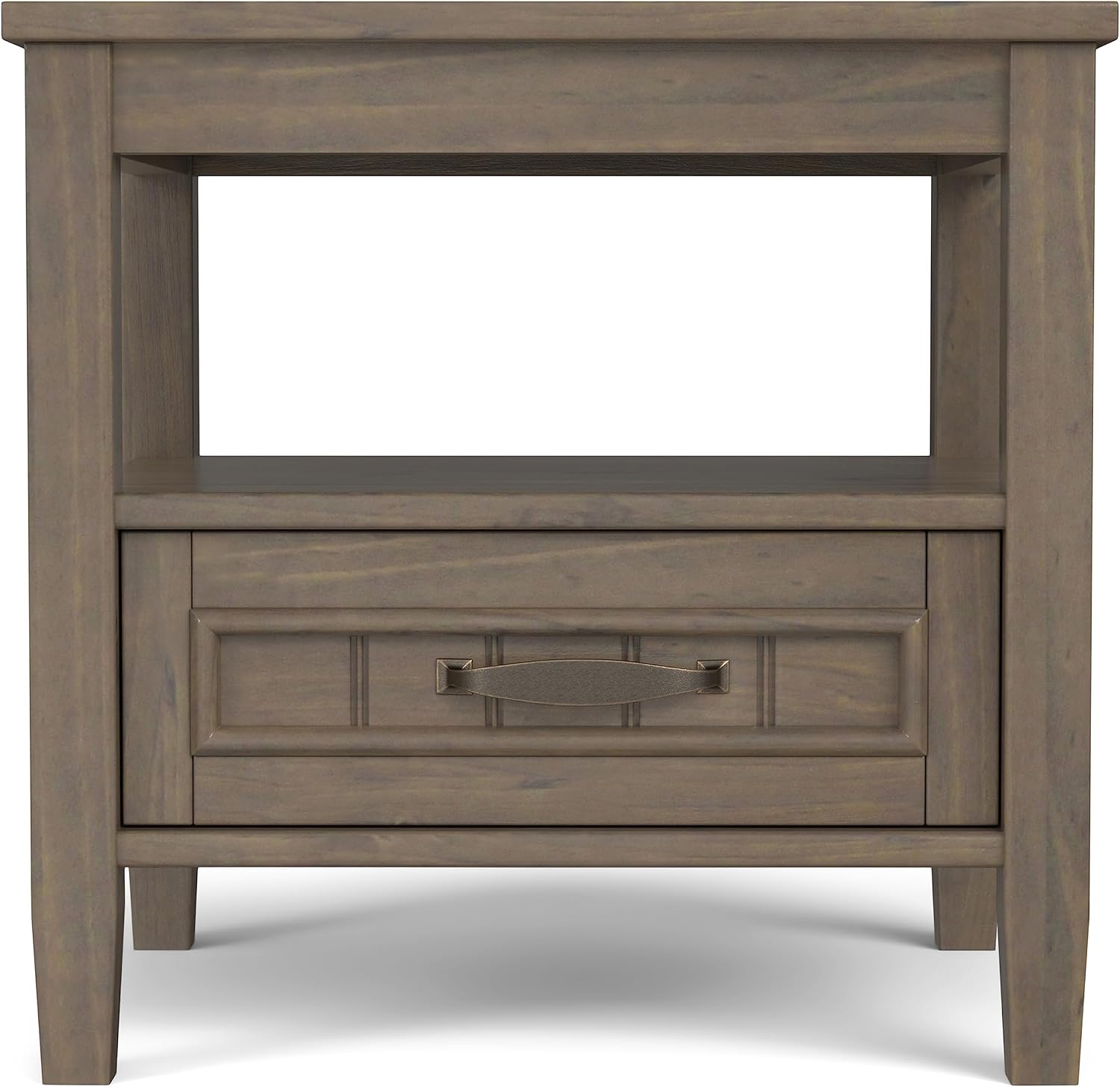 SIMPLIHOME Lev End Table - 20 inch Wide Solid Wood Accent Table with Bottom Storage Drawer and Open Shelf in Smoky Brown, Transitional Nightstand or Lamp Stand for Living Room or Bedroom