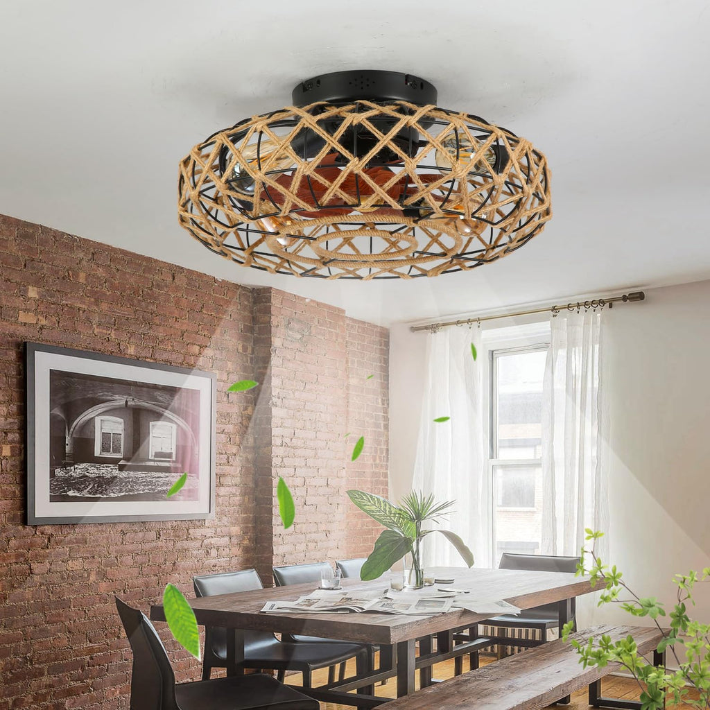 20''Rustic Hemp Rope Caged Ceiling Fans with Lights and Remote Hand-Woven Rattan Flush Mount Ceiling Fan with Light Farmhouse Boho Include Bulbs 6 Speeds Reversible for Bedroom,Kitchen Island
