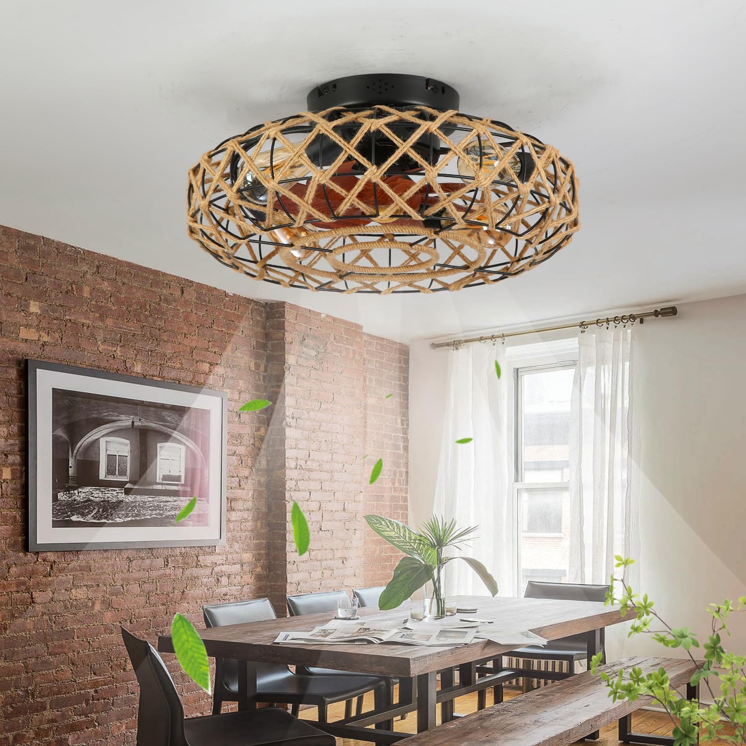 20''Rustic Hemp Rope Caged Ceiling Fans with Lights and Remote Hand-Woven Rattan Flush Mount Ceiling Fan with Light Farmhouse Boho Include Bulbs 6 Speeds Reversible for Bedroom,Kitchen Island