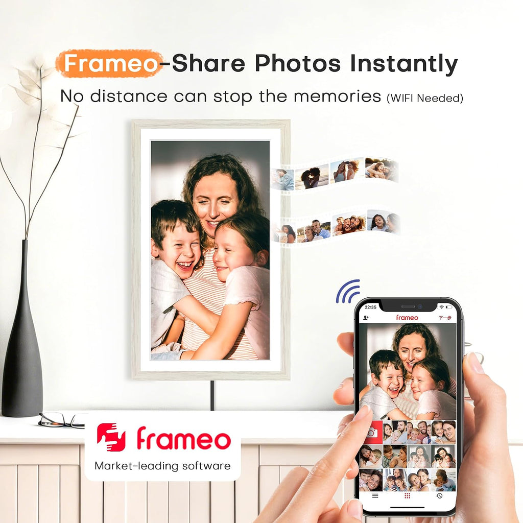 Digital Picture Frame, 15.6 Inch Frameo Digital Frame WiFi, 1920 * 1080 IPS FHD Touchscreen, 32GB, Tabletop&Wall-Mounted, Share Picture Video, Large Electric Photo Frame, Mom Gifts, White Woodgrain