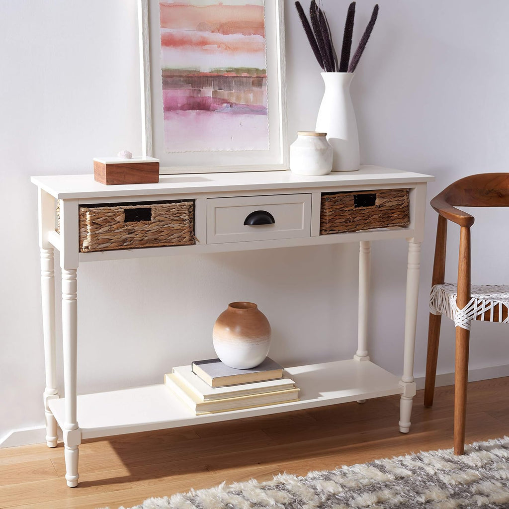 SAFAVIEH Home Collection – Christa Distressed White Console Table with Rattan Drawers & Shelf, Coastal Cottage Storage Console, Vintage Design (AMH5737B)