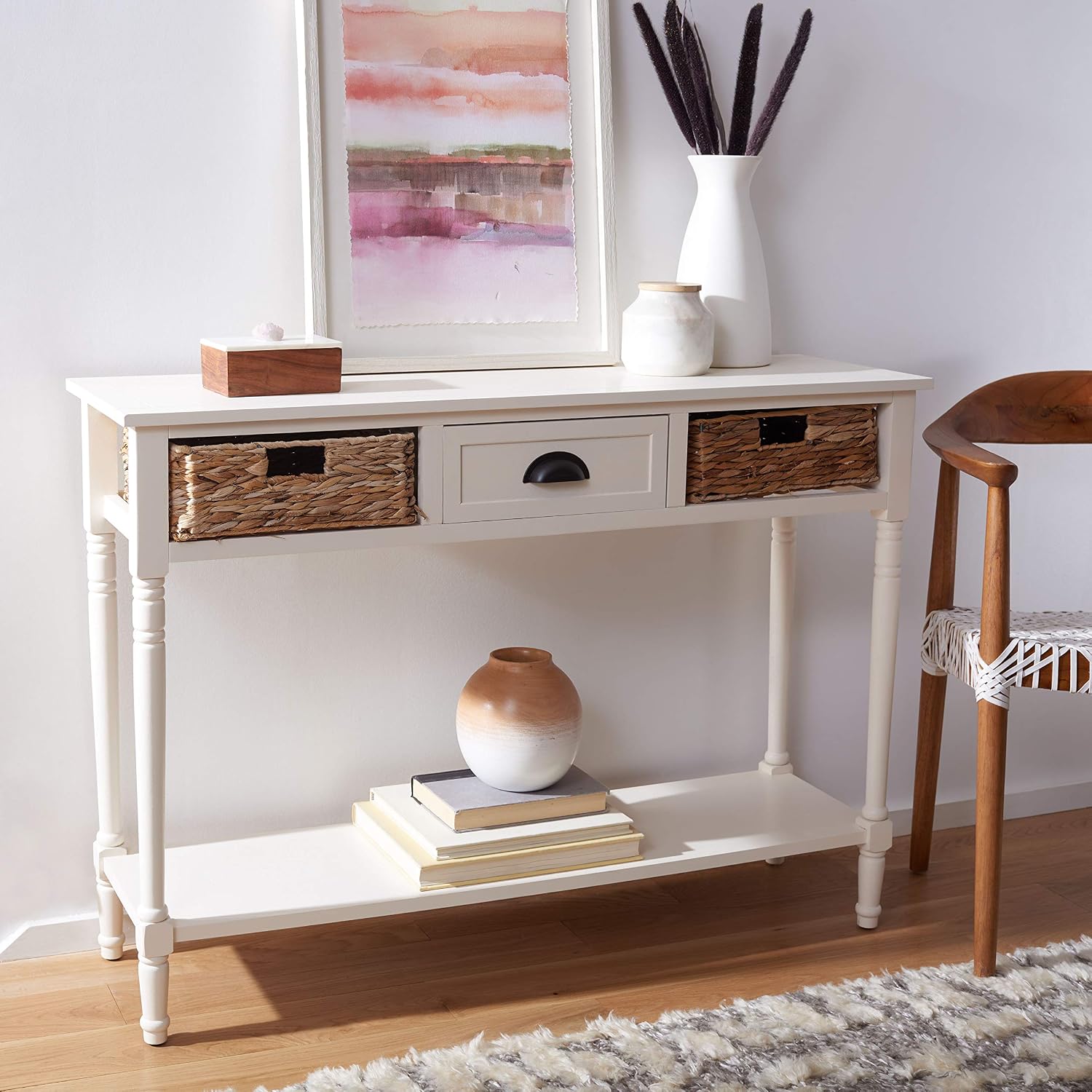 SAFAVIEH Home Collection – Christa Distressed White Console Table with Rattan Drawers & Shelf, Coastal Cottage Storage Console, Vintage Design (AMH5737B)