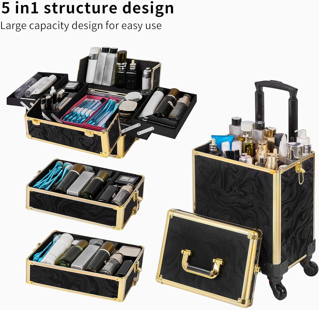 Somduy Rolling Makeup Case, Makeup Train Case with Lid, 5 in 1 Cosmetology Case on Wheels, Christmas Gift, Large Makeup Organizers, Profesional Cosmetic Case for Salon Barber, Pattern Black Gold