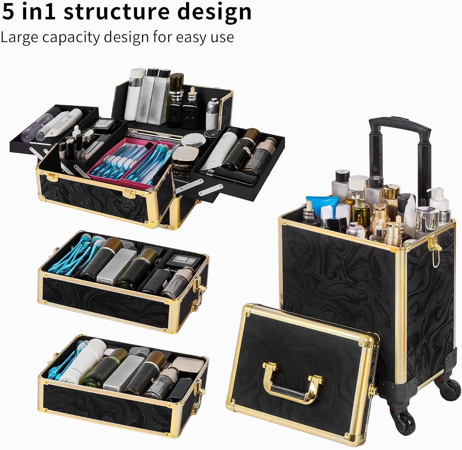 Somduy Rolling Makeup Case, Makeup Train Case with Lid, 5 in 1 Cosmetology Case on Wheels, Christmas Gift, Large Makeup Organizers, Profesional Cosmetic Case for Salon Barber, Pattern Black Gold