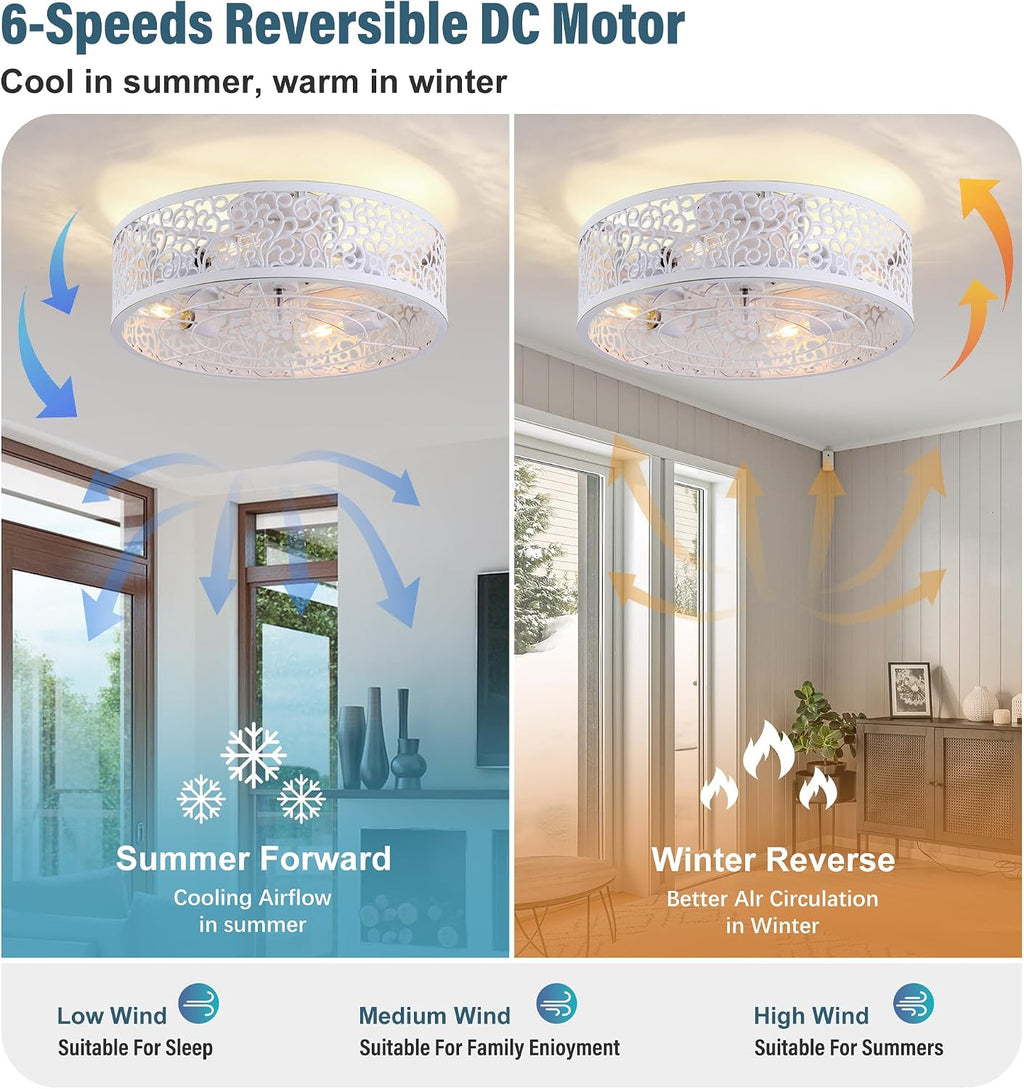 COCOSTAR Small Farmhouse Ceiling Fan with Light and Remote//APP, 20in White Caged Fandelier with Lights for Kitchen, Bedroom（4 Speed, Timing）