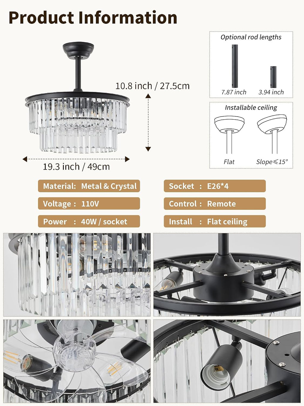 20' Black Crystal Fandelier Ceiling Fans with Lights,Farmhouse Rustic Caged Crystal Chandelier Ceiling Fan with Light Remote Control with 6 Speeds for Bedroom, Nursery, Living Room