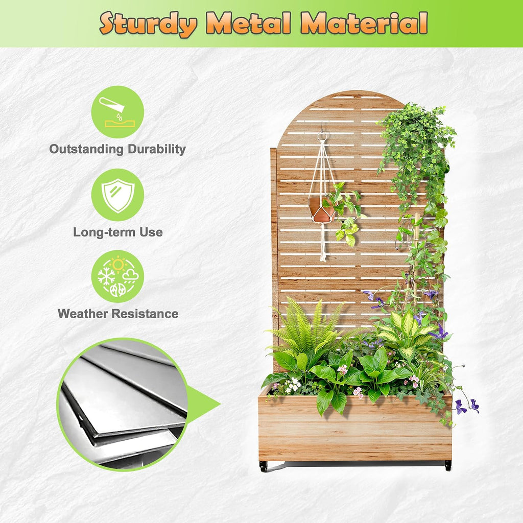 Metal Raised Garden Bed with Trellis, 2-in-1 Planter Box & Privacy Screen for Climbing Plants, Outdoor Standing Flower Bed with Drainage Holes, 35.4'L x 15.7'W x 70.1'H, Acacia Wood Grain-Louvered