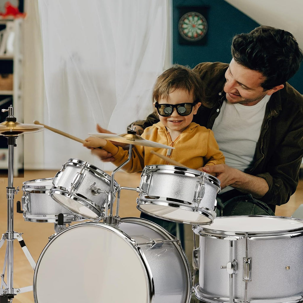 Ktaxon 5-Piece Complete Junior Drums Set, 14 Inch Beginners Drum Kit with Throne Stool, Pedal & Drumsticks, Drums Musical Instruments W/Cymbal, Hi-Hat, Floor, Tom and Snare Drum (Silver)