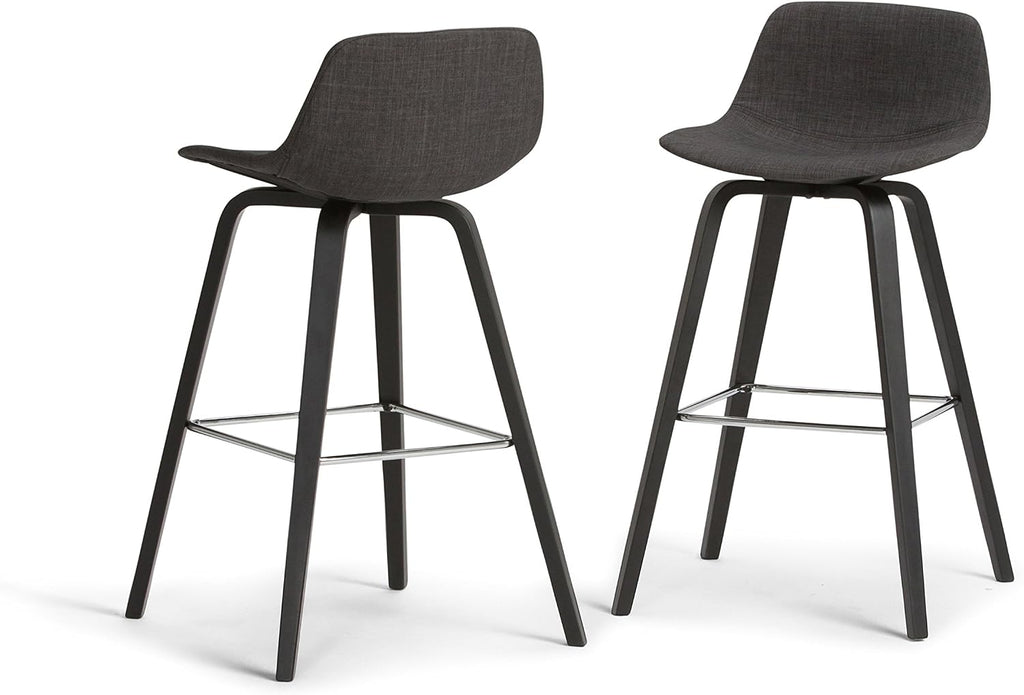 SIMPLIHOME Randolph Counter Stools (Set of 2) - 28 Inch Seat Height Upholstered Bentwood Kitchen Seats in Charcoal Grey Black Linen Look Fabric, Mid Century Seating with Curved Backrest and Footrest