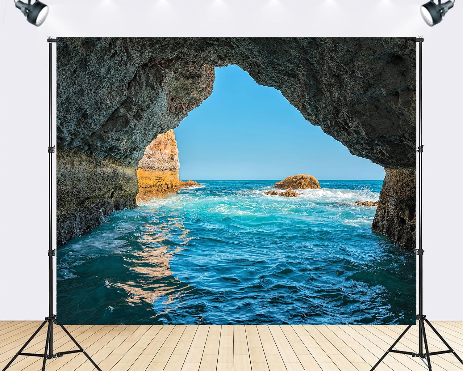 Trykid 20x10ft Sea Cave Turquoise Backdrop Rocky Arch Clear Sky Ocean Waves Photography Background Coastal Adventure Tapestry Party Decoration Photo Studio Prop Fabric