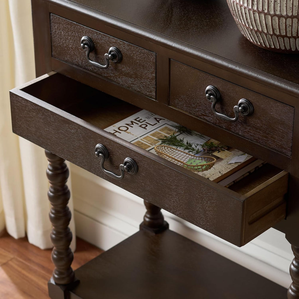 SAFAVIEH Furniture - Athena 3-Drawer Console Table - Dark Chocolate - Solid Wood - Farmhouse Classic Design - Ideal for Entryway, Living Room, Hallway, 23.5' W x 13' D x 29.5' H (CNS5703D)