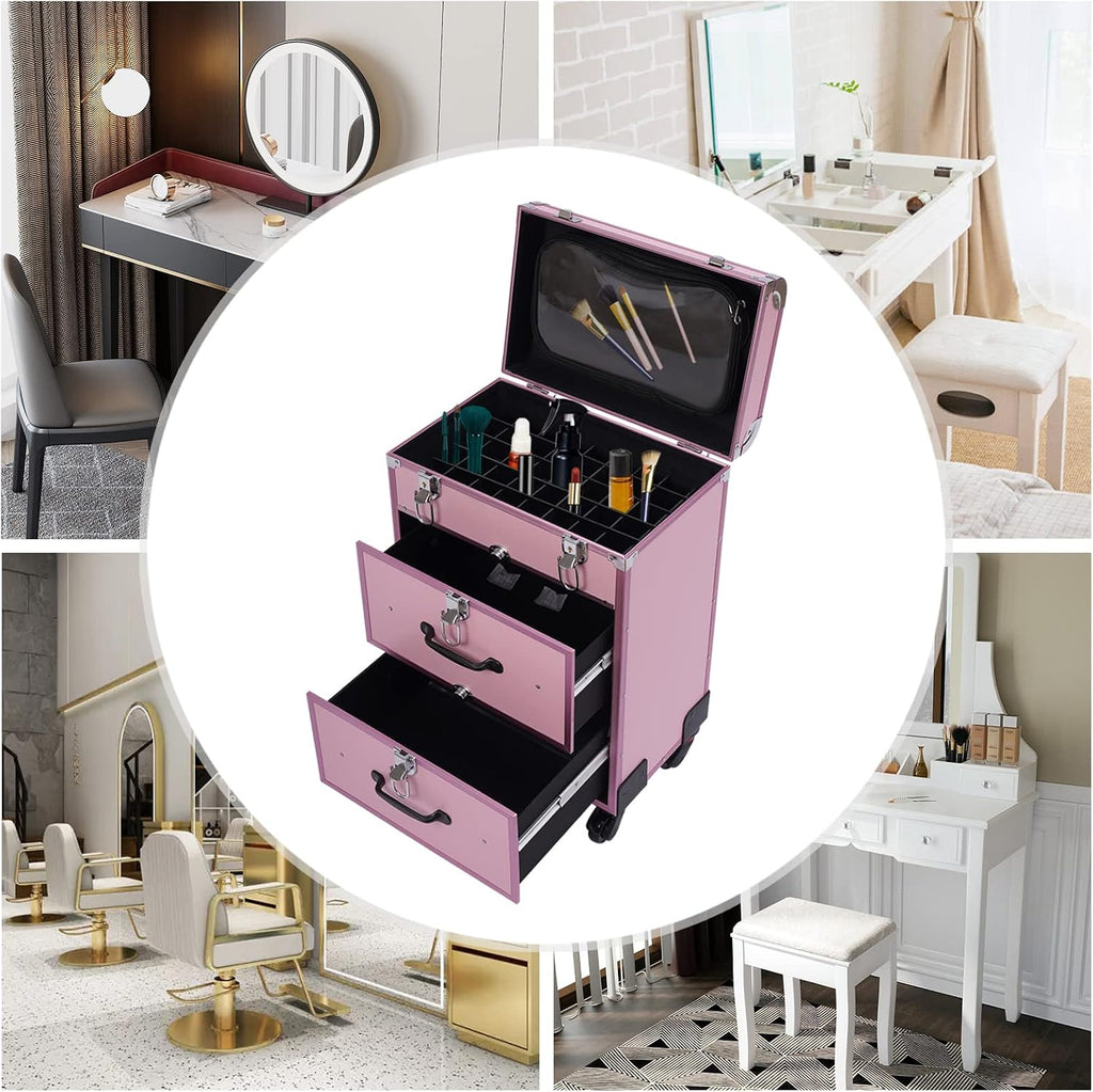 Professional Rolling Makeup Case Train Case Cosmetic Organizer Trolley Lockable Rolling Make-ups Case Storage Cart Makeup Train Case Cosmetology Case On Wheels (Pink|3 trays|Type B)