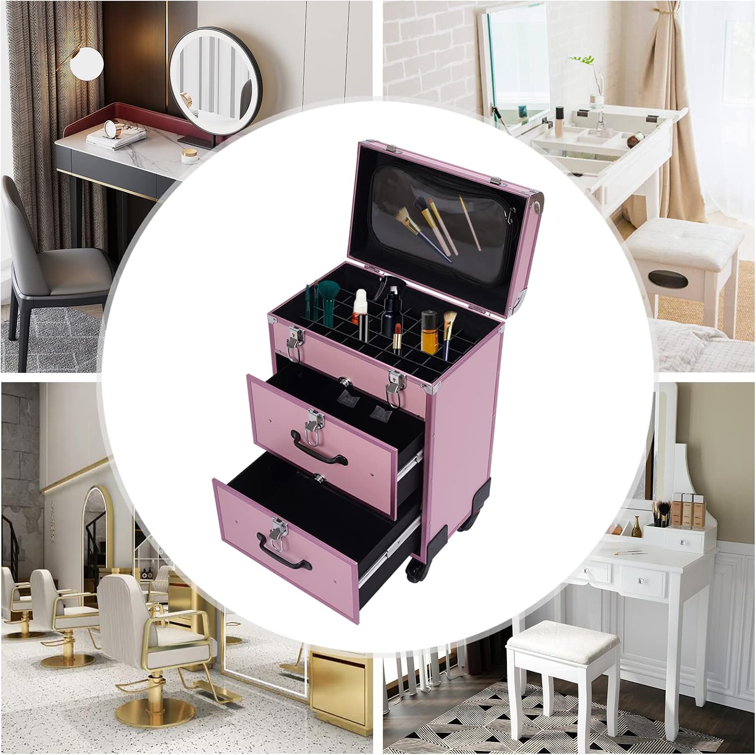 Professional Rolling Makeup Case Train Case Cosmetic Organizer Trolley Lockable Rolling Make-ups Case Storage Cart Makeup Train Case Cosmetology Case On Wheels (Pink|3 trays|Type B)