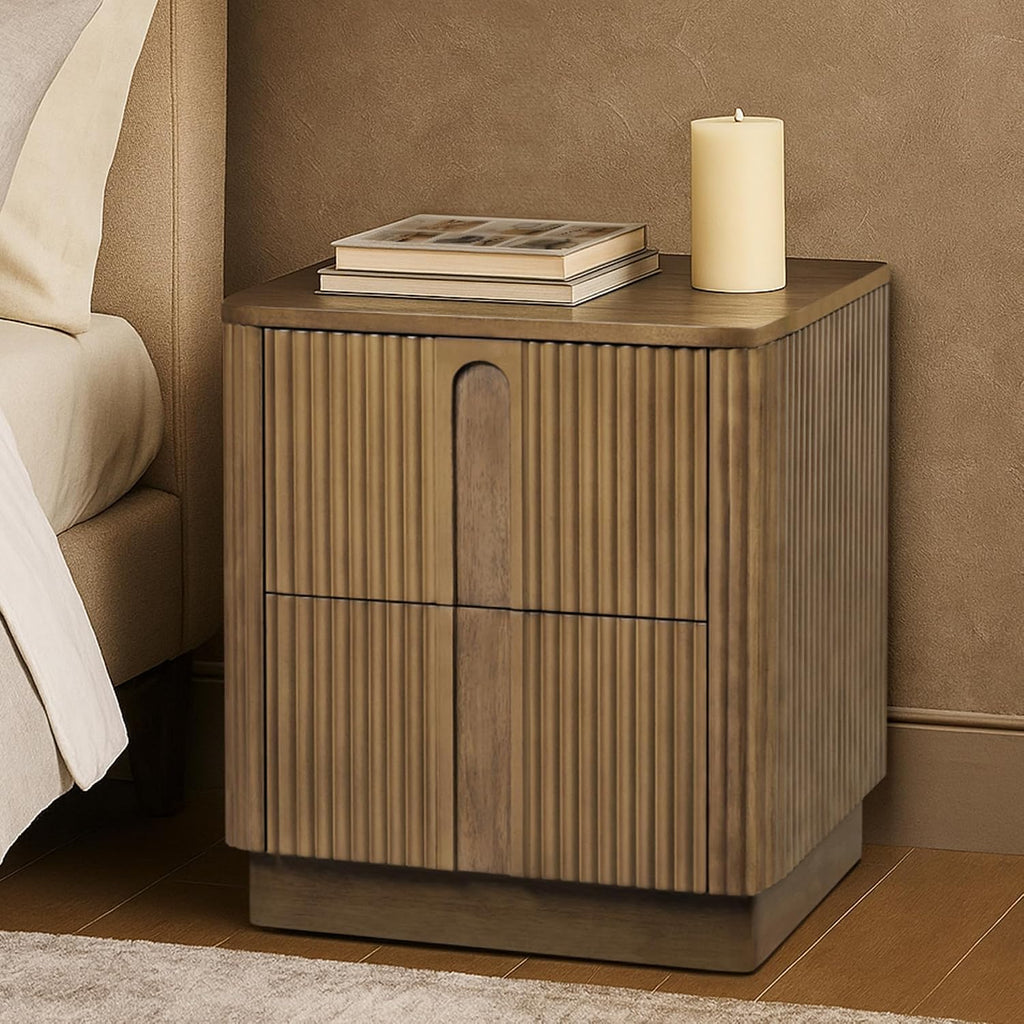 Teamson Home 20'' W Modern Storage 2-Drawer Push to Open Nightstand with Solid Wood Frame, Bedside Table Bedroom Furniture with Reeding Pattern in Scandinavian Style, Greige