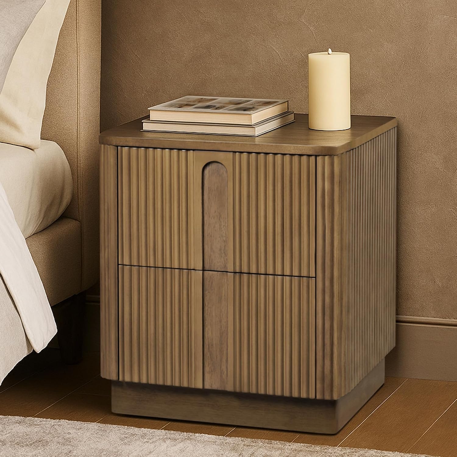 Teamson Home 20'' W Modern Storage 2-Drawer Push to Open Nightstand with Solid Wood Frame, Bedside Table Bedroom Furniture with Reeding Pattern in Scandinavian Style, Greige