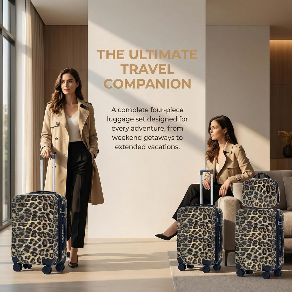 4 Piece Leopard Print Luggage Set - Cheetah Print Hard Shell Suitcases with Spinner Wheels, Animal Print Rolling Luggage for Travel (14' + 20' + 24' + 28')